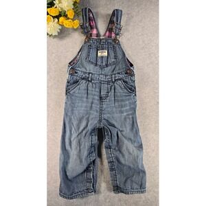 OshKosh Classic Denim Overalls Pink Plaid Lined Toddler 24m Blue Jeans